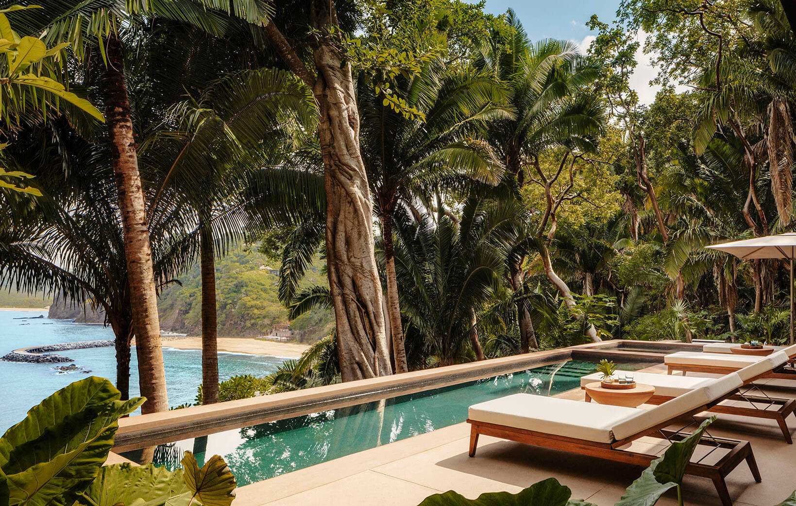 resort pool sit in jungle with ocean view