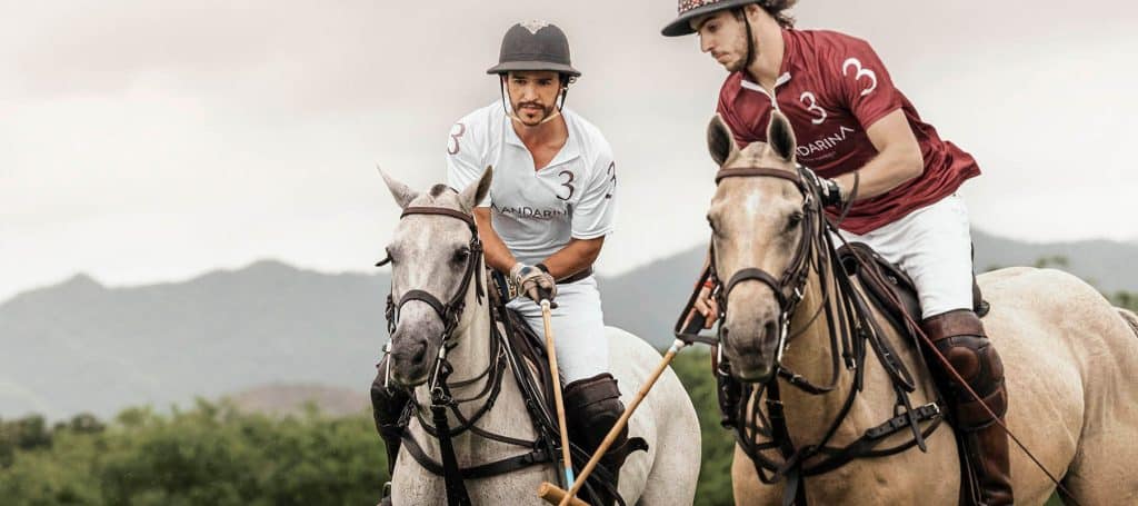two polo players aim for ball on horseback