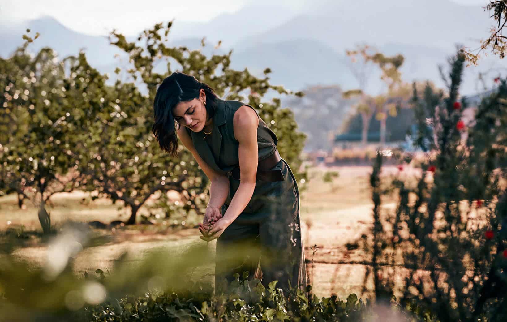 woman picks fresh herbs from mandarina garden