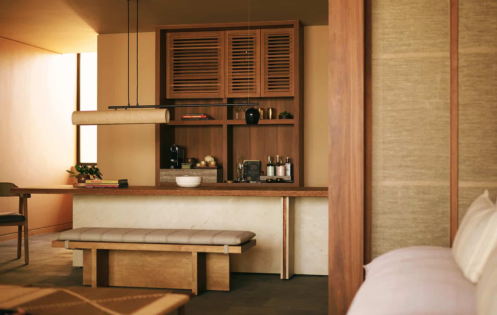 living room and kitchen hotel suite with open-concept layout